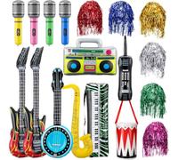 Inflatable Instrument Party Props Set,12 Pcs Inflatable Guitar 6 Pcs Tinsel Wigs and Shutter Glasses Guitar Saxophone Microphone Mobile Phone for 80s 90s Carnival Party Party Photo Booth Decorations