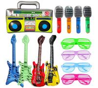 Inflatable Instruments Party Balloons Set - 13 Pieces Inflatable Musical Instruments Accessories Guitar Bass Microphone Radio, Rock Star Toy Glasses for Children Adults Concert Dance 70s 80s Karaoke