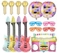 Inflatable Instruments Party Props Set, Inflatable Microphones Rock Star Guitars Microphones Radio Kit with Disco Foil Balloons for 80s 90s Themed Party Photo Booth Decorations, Birthday Supplies