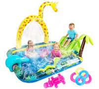 Inflatable Jungle Animal Play Center, Inflatable Water Park Kiddie Pool with Slide, Water Sprayer for Backyard and Garden