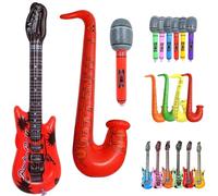 Inflatable Microphone and Saxophone Set, Six Piece PVC Musical Instruments Collection for Party Decorations, Blow Up Guitar and Microphones for Themed Events and Photo Booth Props