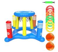 Inflatable Pool Basketball - Multifunctional Floating Hoop Set, Colorful PVC Goal With Cross Toss Toy, Eight Color Rings, Two Balls Portable Pump | Summer Water Game Sports Toy For Kids Adults Parties