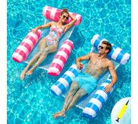 Inflatable Pool Chair 2 Pack, Inflatable Pool Floats Adult, 4 IN 1 Swimming Floating Lounge Chairs Water Hammock, Inflatable Chair for Summer Water Party Beach, Pool Toys With Air Pump (Blue+Red)