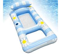 Inflatable Pool Float Chair for Adults, Striped Daisy Water Hammock Lounger with Headrest, 0.2mm PVC Mesh, for Swimming Pool, Beach & Lake blue