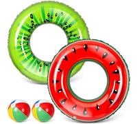 Inflatable Pool Floats 2 Pcs Summer Fruit Swim Tubes Rings with 2 Pcs Beach Balls Inflatable 32.5 Inch Fruit Swimming Tube Pool Toys Floats for Kids Adults Summer Hawaiian Beach Party Decor Water Fun