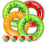 Inflatable Pool Floats 4Pcs Summer Fruit Swim Tubes Rings with 4Pcs Beach Balls Inflatable Fruit Swimming Tube Ring Pool Toys Floats for Adults Summer Hawaiian Beach Party Decorations Water Fun