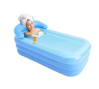 Inflatable Portable Adult Bath Tub PVC Inflatable Pool Foldable Bath Free Standing Folding Bathtub with Cup Holder, Cushion, Drainage Pipe for Adult Children Spa Bath, Blue, 150 x 75cm