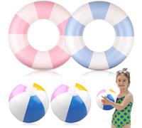 Inflatable Rings Swimming Rings YXSJAS 4Pcs Swimming Pool Inflatable Floats For Kids 2Pcs 27.6in Rubber Inflatable Swim Ring And 15Inch Small Rainbow Beach Balls For Beach Swimming Pool Birthday Party