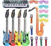 Inflatable Rock Star Toy Set - 18 Pack Inflatable Party Props, 4 Guitar, 6 Microphones, 6 Shutter Shading Glasses, 1 Saxophone and 1 Keyboard Piano Inflatable Rock Toys