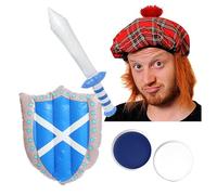 Inflatable Scottish Sword and Shield, Tam O' Shanter & Face Paint Set - Inflatable Sword & Shield, Tam O' Shanter Hat With Hair Attached, Blue and White Face Paint - Perfect for Scottish Celebrations