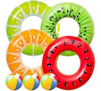 Inflatable Swimming Ring 7 Pack Fruit Pool Floats: Inflatable Swim Rings & Beach Balls For Adults, Summer Party Decorations