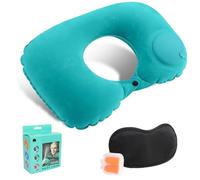 Inflatable Travel Pillow,Travel Pillow for Neck,1 Pair Ear Plugs and 1 Pcs Blindfold Adjustable,Comfortable Neck and Head Support Pillow for Plane Cars Trains, Soft Flight Travel Cushion for Sleeping