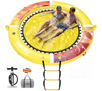 Inflatable Water Hammock Floating Dock, 8FT Round Floating Ring with Water Ladder and Cup Holder, Inflatable Dock Floating Platform Island Raft Tanning Pool Float for Lake Beach-Yellow