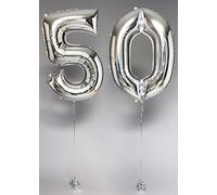 Inflated Large Silver 50th Birthday Helium Number Balloons on Weights