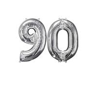 Inflated Mid-Size Silver 90th Birthday Helium Number Balloons on Weights