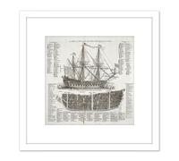 Information Diagram Warship First Third Rate 1728 Navy Naval 8X8 Inch Square Wooden Framed Wall Art Print Picture with Mount Artery8 White One Size