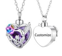 InfuMemo Customize Urn Necklace - Hummingbird Crystal Heart Cremation Jewelry for Ashes Pendant Urn Memorial Ashes Jewelry of Loved One Personalized Engraved Names