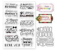 INFUNLY 11 Types Festival Clear Stamp and Die Cut Happy Birthday Word Rubber Stamp Blessing Word Metal Cutting Die Vintage Label Frame Happy Easter Love You Die Cuts for Cards Making Photo Album Decor