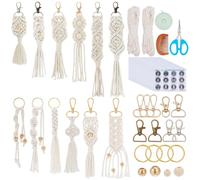 INFUNLY 11pcs/Set Boho DIY Macrame Keychain Kit for Adult White DIY Macrames Making Kit Wood Beaded Winter Mini Macrame Keychain Set with Tassel Instructions for Car Keys Ring Handbags Backpacks