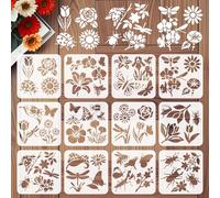 INFUNLY 12Pcs Flower Insect Wall Stencil for Painting 7.87×7.87" Reusable Floral Wall Stencils Botanical Painting Stencil Small Walls Template for Card Making Cement Wood Furniture Nursery Bedroom