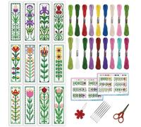 INFUNLY 12pcs/Set Green Flower Cross Stitch Bookmarks Kit Tulip Rose DIY Stamped Embroidery Bookmark Sunflower Botanical Embroidery Bookmark with Backing Felt Floss Instruction for Book Reader Lover