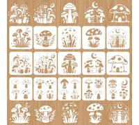 INFUNLY 15 Pcs Mushroom Wall Stencil 20x20cm Reusable Botanical Stencil Set Laser-Cut Thick PET Moon Plant Templates for DIY Wood Furniture Bedroom Home Decor