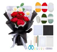 INFUNLY 15 Set Valentine's Day Crochet Flower Bouquet Kit Red Rose DIY Crochet Flower Kit for Beginners White Sunflower Artificial Knitted Bouquet with Step-by-Step Tutorial for Wedding Bridal Decor