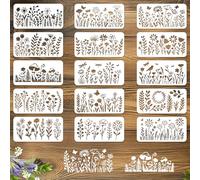 INFUNLY 15Pcs Wildflowers Wall Stencil for Painting 3.9×7.87" Reusable Floral Wall Stencils Butterfly Painting Stencil Small Flower Walls Template for Card Making Cement Wood Furniture Nursery Bedroom
