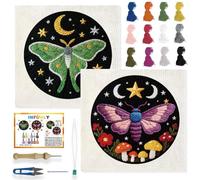 INFUNLY 2 Pcs Moth Punch Needle Embroidery Kit 7.9 Inch Round Punch Needle Craft kit Star Moon DIY Punch Embroidery Kits Mushroom Night Needlepoint Starter Kits for DIY Craft Lovers Gift Home Decor