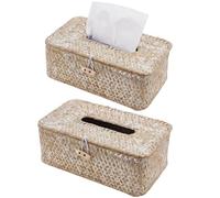 INFUNLY 2 Pcs Rattan Tissue Box Cover Rectangle Wicker Tissue Box Holder 9x5x4 Inch Boho Napkin Box Cover Natural Seagrass Storage Basket for Toilet Tank Bathroom Living Room Office Desk