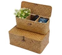 INFUNLY 2 Pcs Seagrass Storage Basket Kit 3 Section Divided Organizer Woven Rectangular Basket Bins with Lid Orange Rattan Tissue Box Boho Storage Organizer for Organize Snack Tampons Home Decor