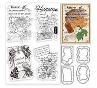 INFUNLY 2 Set Vintage Plant Word Clear Stamps and Dies for Card Making Chrysanthemum Stamps and Die Cuts Flower Leaf Silicone Stamp Retro Background Embossing Template for DIY Scrapbooking Album Decor