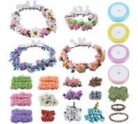 INFUNLY 20 Set DIY Artificial Flower Wreath 4-Color Rose Wedding Crowns Making Kit Berry Plum Blossom Hanging Floral Wreath for Front Door Make Your Own Flower Headbands Bracelets Kit for Women Girl