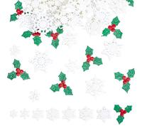 INFUNLY 200pcs Christmas Resin Snowflake Charms Tiny Holly Leaves Berries Charms Snow Xmas Tree Ornaments Confetti Fabric Embellishment for Gift Wrapping Invitation Card Christmas Winter Home Decor