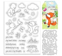 INFUNLY 2pcs Animal Stamp and Die Sets for Card Making Rabbit Clear Stamp Spring Butterfly Silicone Stamps and Cutting Dies Word Rubber Stamps Fox Bear Embossing Templates for DIY Scrapbooking