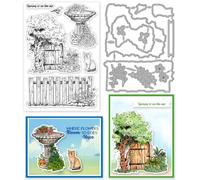 INFUNLY 2pcs Spring Flowers Stamp and Dies for Card Making Garden Fence Fountain Clear Stamp Butterfly Leaves Die Cuts Cat Stamp and Die Set for Scrapbooking Embossing Album DIY Craft