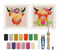 INFUNLY 2PCS West Highland Cow Punch Needle Embroidery Kit for Beginners Flowers Cow DIY Punch Needle Starter Kit Cartoon Cattle Handcraft Needlepoint Set with Instruction for Festival Gift Home Decor