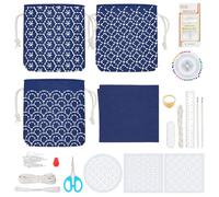 INFUNLY 3 Set Sashiko Drawstring Bag Kit DIY Sashiko Coin Purse Kit Navy Blue Fabric Sashiko Set for Beginners Make Your Own Tote Bag Sashiko Thread and Needles Hand Sewing Kit for Adults