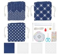 INFUNLY 3 Set Sashiko Drawstring Bag Kit Sashiko DIY Tote Bag Kit Flower Sashiko Fabric Sashiko Kit for Beginners Make Your Own Tote Bag Sashiko Thread and Needles Hand Sewing Kit for Adults