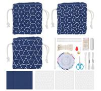 INFUNLY 3 Set Sashiko Embroidery Kit Drawstring Bag 50x50cm Cotton Linen DIY Sashiko Kit with Reusable PET Stencils Hand Sewing Kit Adults Sashiko Starter Kit Dark Blue