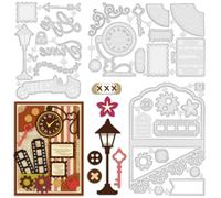 INFUNLY 3 Sheets Retro Memory Book Die Cuts for Card Making Clocks Street Lamps Metal Cutting Dies Suitcase Die Cuts Car Gears Dies Stencil Templates for DIY Scrapbooking Journal Embossing Craft Decor