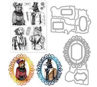 INFUNLY 3PCS Animal Stamp and Die Sets Fox Cat Lady Silicone Stamp Label Frame Die Cut Dog Crow Gentleman Transparent Stamps Tag Cutting Dies for Card Making Scrapbooking Embossing Album DIY Craft