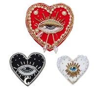 INFUNLY 3PCS Beaded Evil Eyes Heart Patches Vintage Rhinestone Heart Patch Sew On Evil Eyes Embroidered Patch Black/White/Red Sparkling Patches for Clothing Jeans Jackets Handbag Shoes DIY Decor