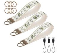 INFUNLY 3Pcs Boho Green Clover Wristlet Keychain Set Embroidered Fabric Wrist Key Strap with Key Rings & Phone Tethers Vintage Wrist Lanyard Holder for Car Keys ID Badge Wallet Camera Women
