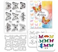 INFUNLY 3pcs Butterfly Clear Stamps & Metal Cutting Dies for Card Making, Layered DIY Paint Stencil with Transparent Silicone Stamp