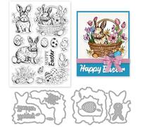 INFUNLY 3PCS Retro Rabbit Clear Stamp and Die Set for Card Making Happy Easter Words Clear Stamps Vintage Bunny Metal Cutting Dies Eggs Stamps Flowers Silicone Stamps Chick Stamps for DIY Decor