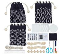 INFUNLY 3pcs Sashiko Drawstring Bag Kit DIY Sashiko Stencil Acrylic Template Kit Sewing Handbag Kit Wave Pattern Needlepoint Sewing Bag Kit with Instruction Cloth Needle Thread for Beginner Adults