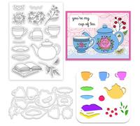 INFUNLY 3pcs Tea Cup Stamp and Dies Flower Cutting Dies Teapot Clear Stamp for Card Making Teacup Saucer Cutting Stencil Heart Book Metal Die Cut Stencils for DIY Scrapbooking Journaling Craft