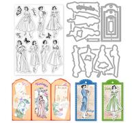 INFUNLY 3pcs Vintage Lady Clear Stamps and Dies for Card Making Tag Cutting Dies Butterfly Rubber Stamp Retro Women Transparent Stamps Frame Die Cutters for DIY Scrapbooking Photo Album Decoration