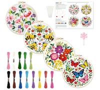 INFUNLY 4 Pack Pink Flowers Embroidery Starter Kit for Beginners Colorful Butterfly DIY Embroidery Kits for Adults Stamped Needlepoint Set with Step-by-Step Instructions Threads Craft Lover Gift